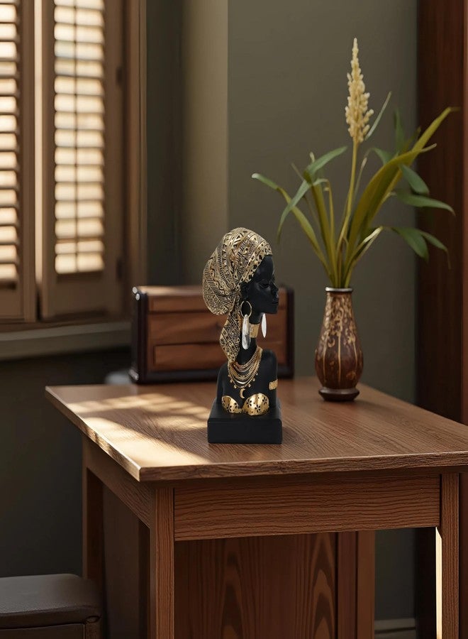 Dwelloria African Woman Resin Bust Sculpture with Crystal Earrings - Tribal Lady Figurine in Gold Headdress for Home Decor, Black and Gold Accent Statue for Shelf, Table, Office, Gift for Women - Image 5